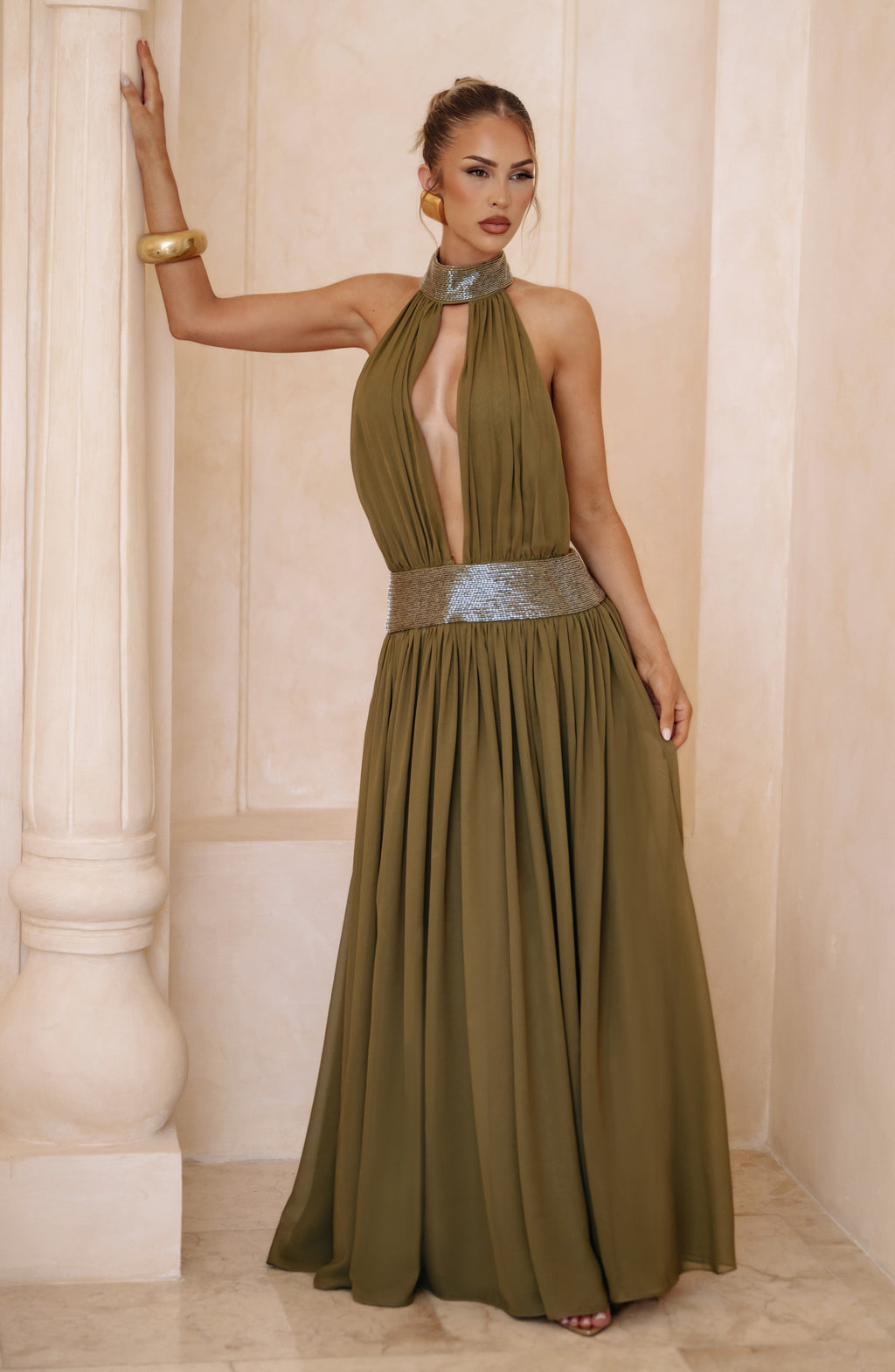 Rosalina™ - Vestido Largo de Chifón Oliva