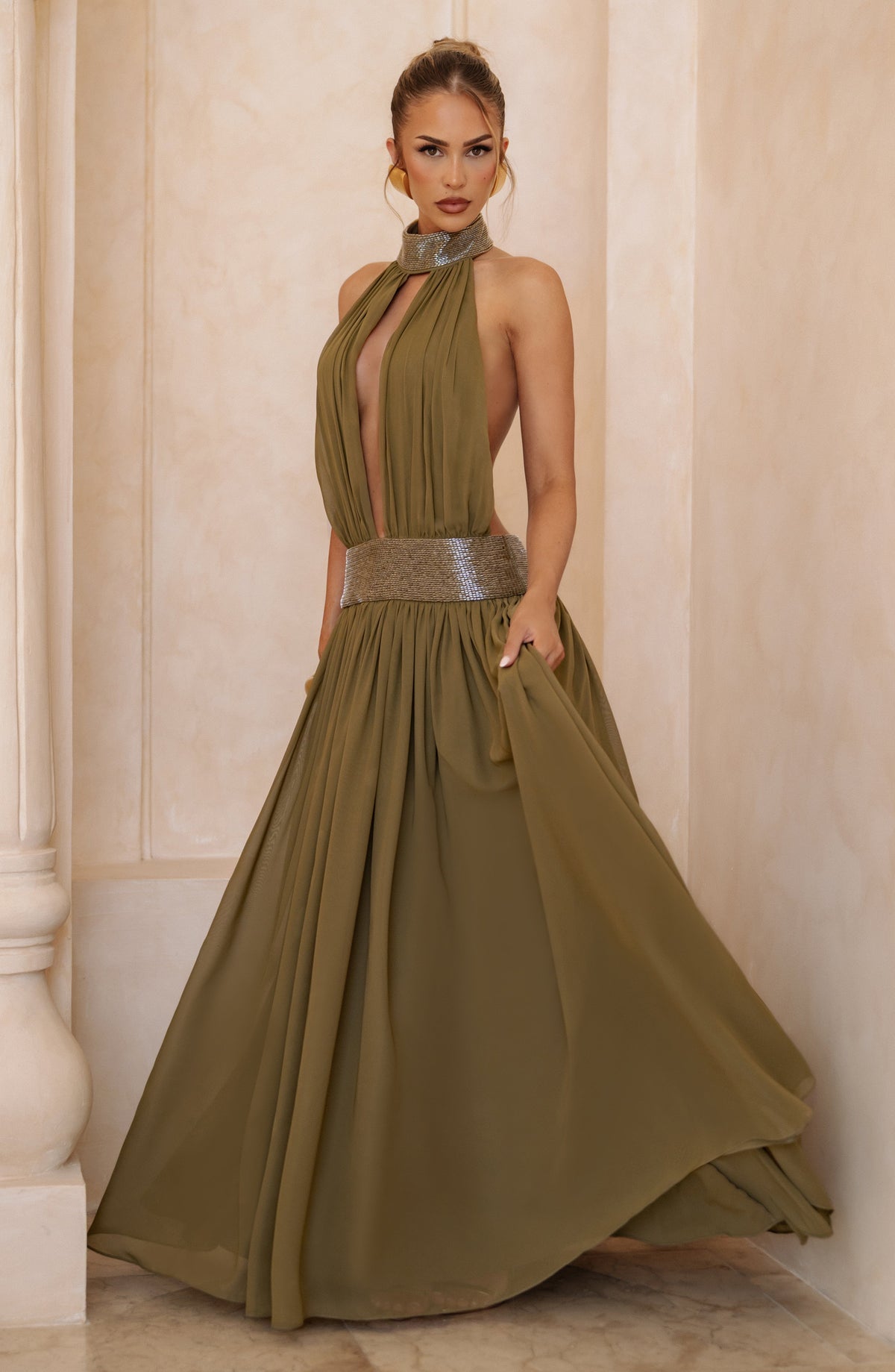 Rosalina™ - Vestido Largo de Chifón Oliva