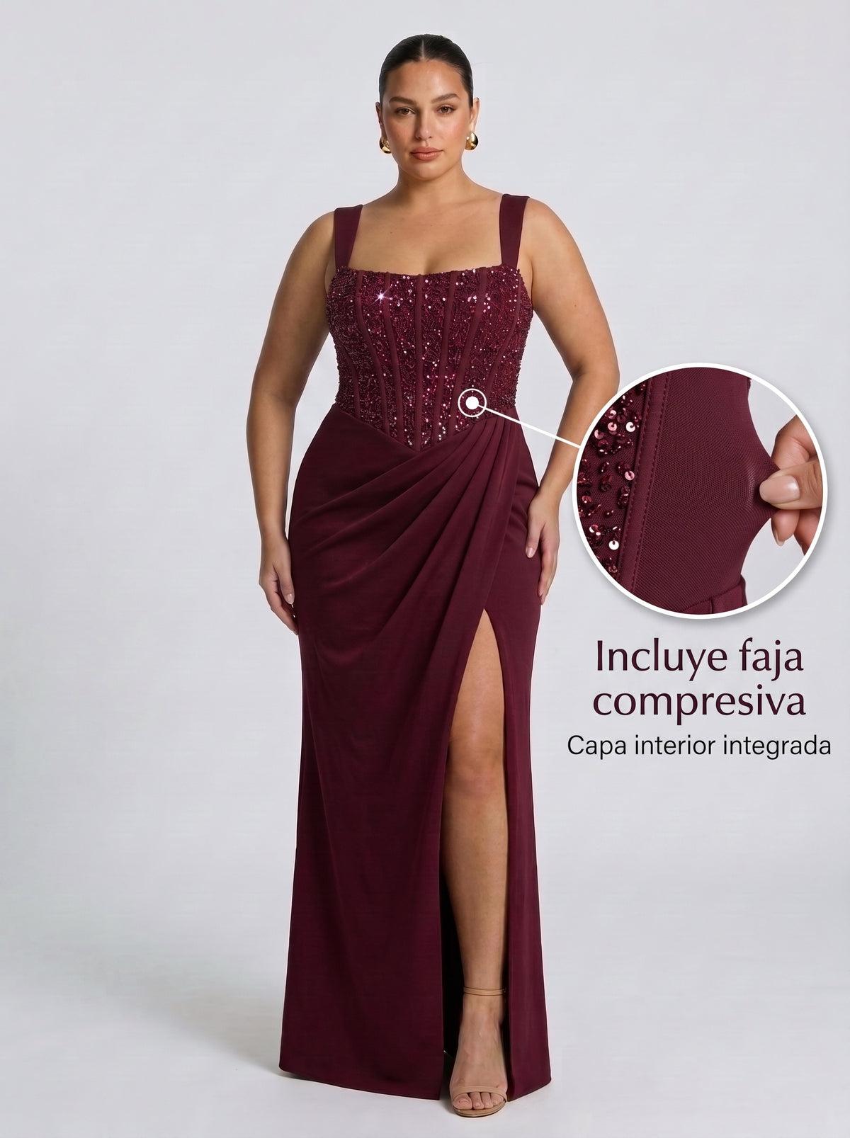 Nai™ - Vestido Largo con Corsé y Faja Compresiva, detalle de la faja integrada