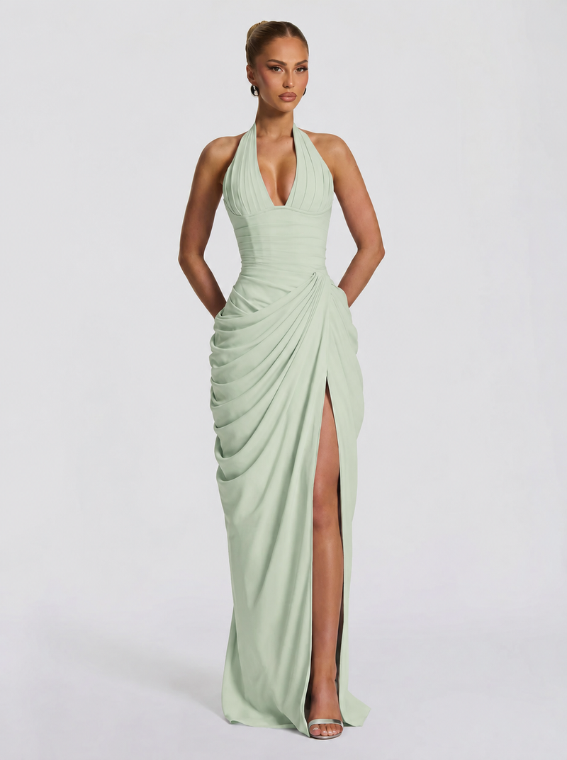 Anna™ - Vestido Largo de Chifón Verde Salvia