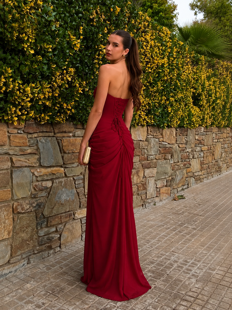 Cyra™ - Vestido Largo de Chifón Rojo