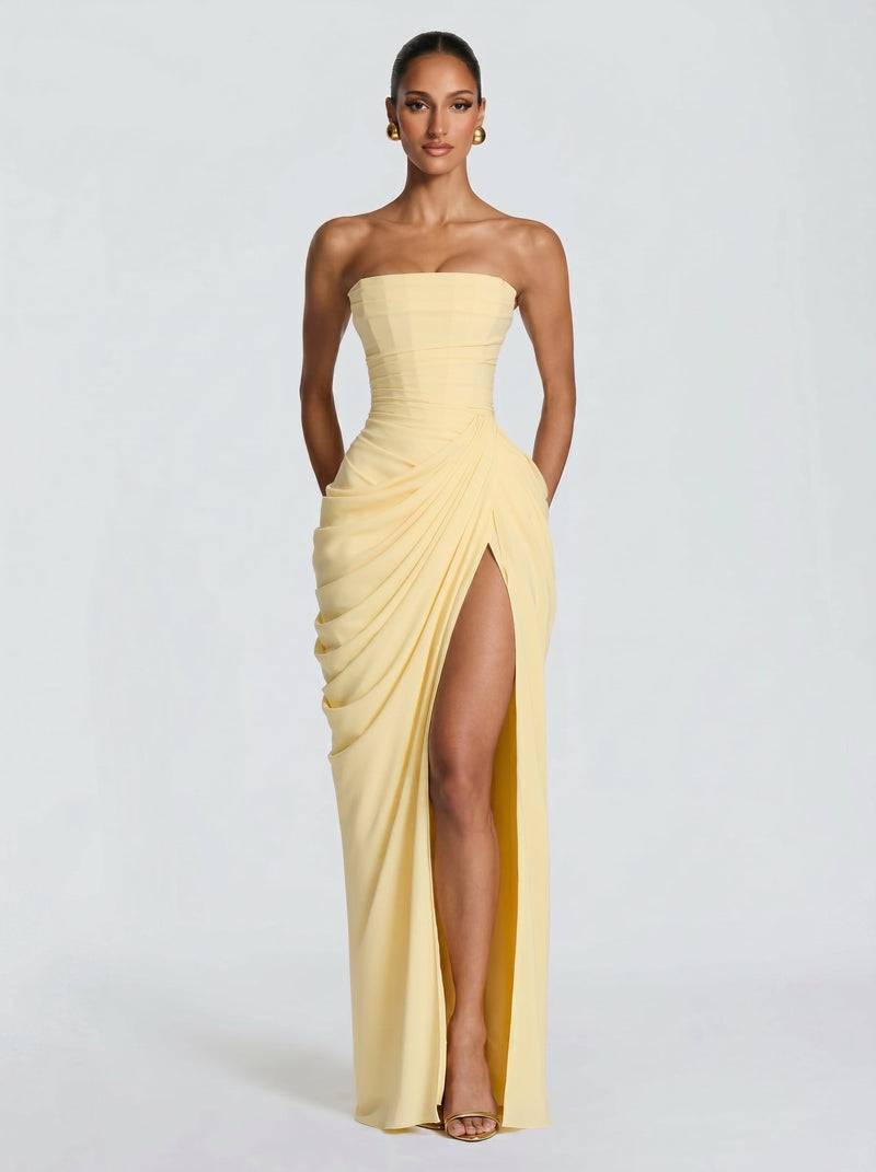 Cyra™ - Vestido Largo de Chifón Amarillo