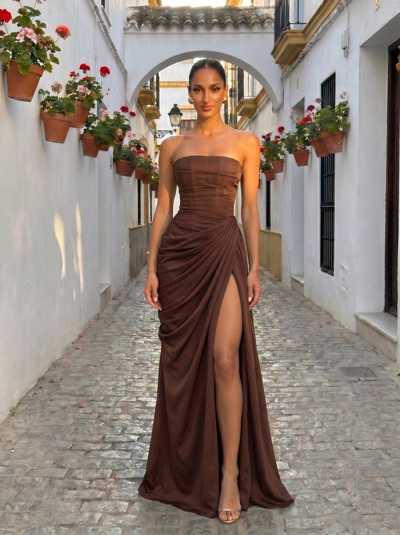 Cyra™ - Vestido Largo de Chifón Marrón Ciruela