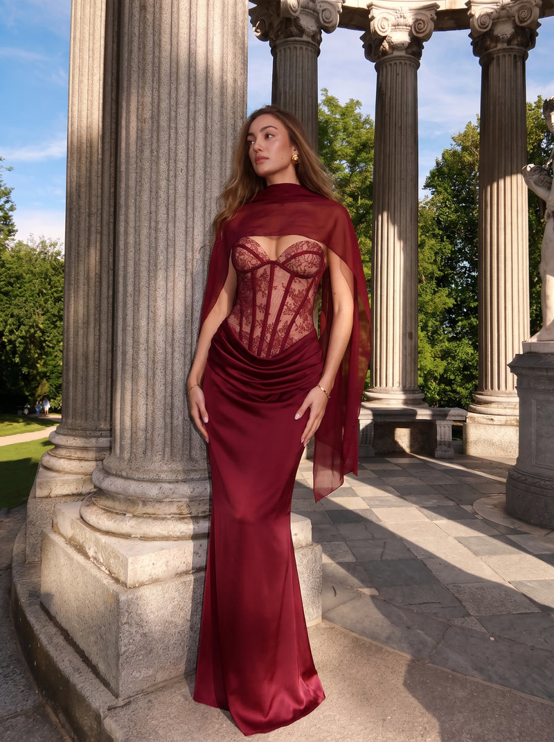 Catalina™ - Vestido Largo de Encaje Burdeos