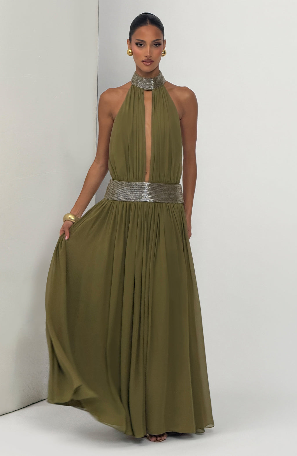 Rosalina™ - Vestido Largo de Chifón Oliva