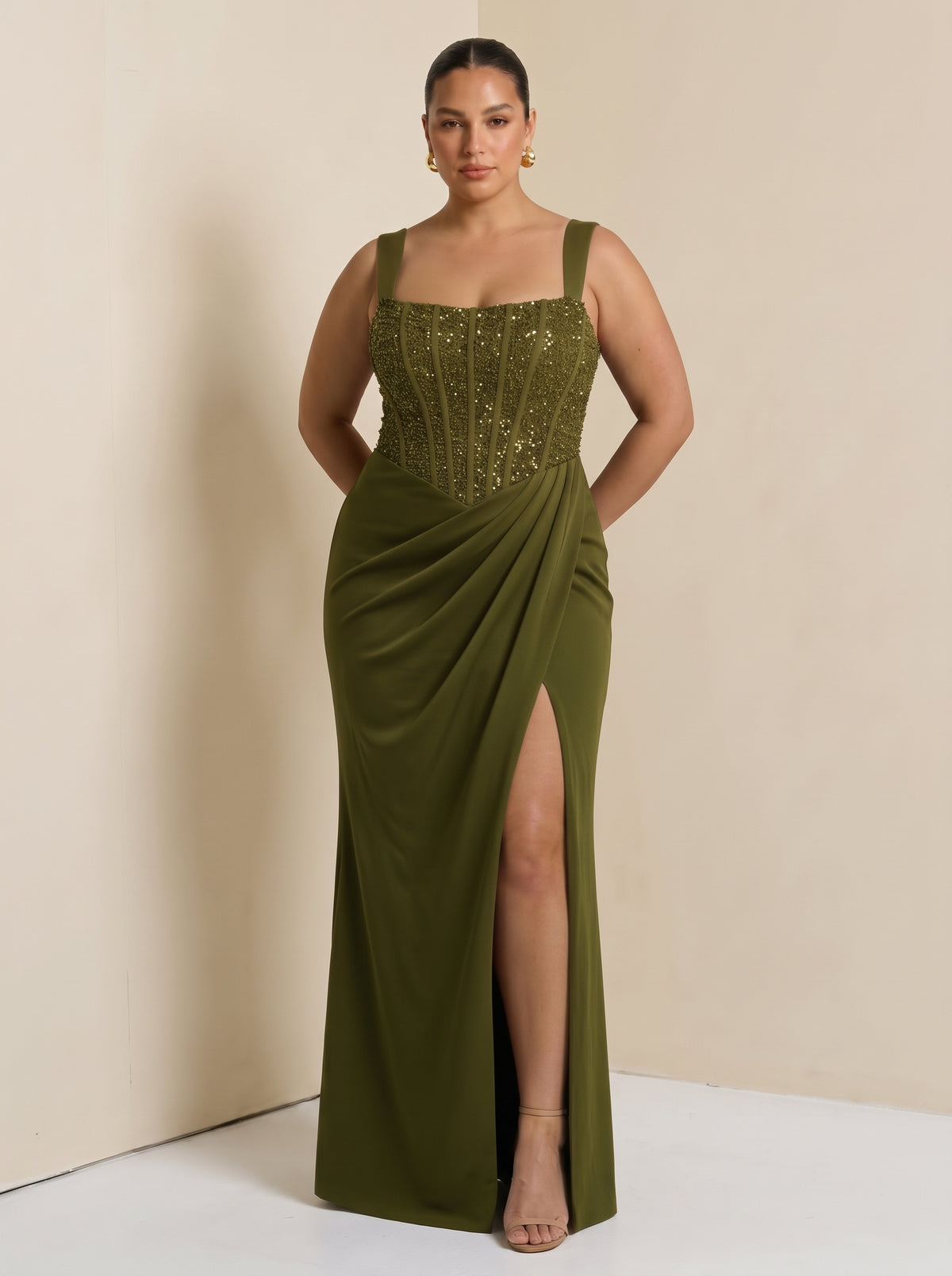 Nai™ - Vestido Largo con Corsé y Faja Compresiva Verde Oliva, vista 3