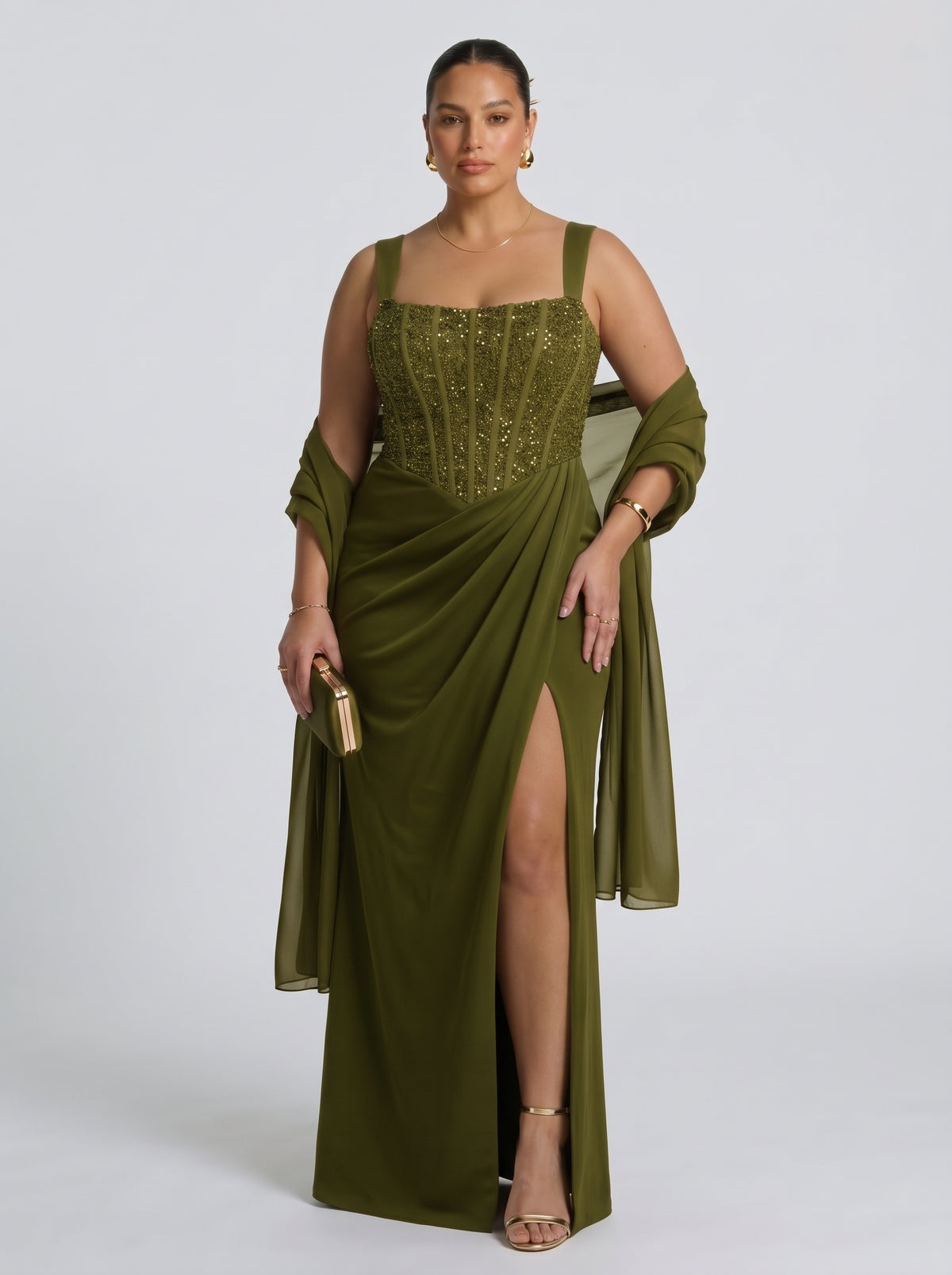 Nai™ - Vestido Largo con Corsé y Faja Compresiva Verde Oliva, vista 6