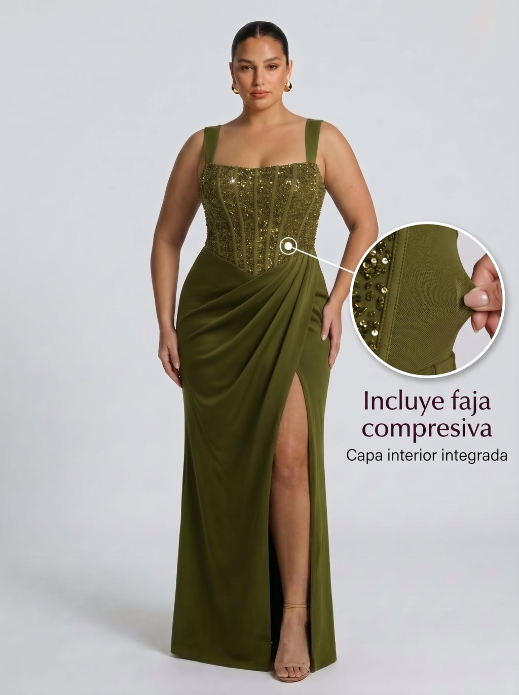 Nai™ - Vestido Largo con Corsé y Faja Compresiva Verde Oliva, vista 1