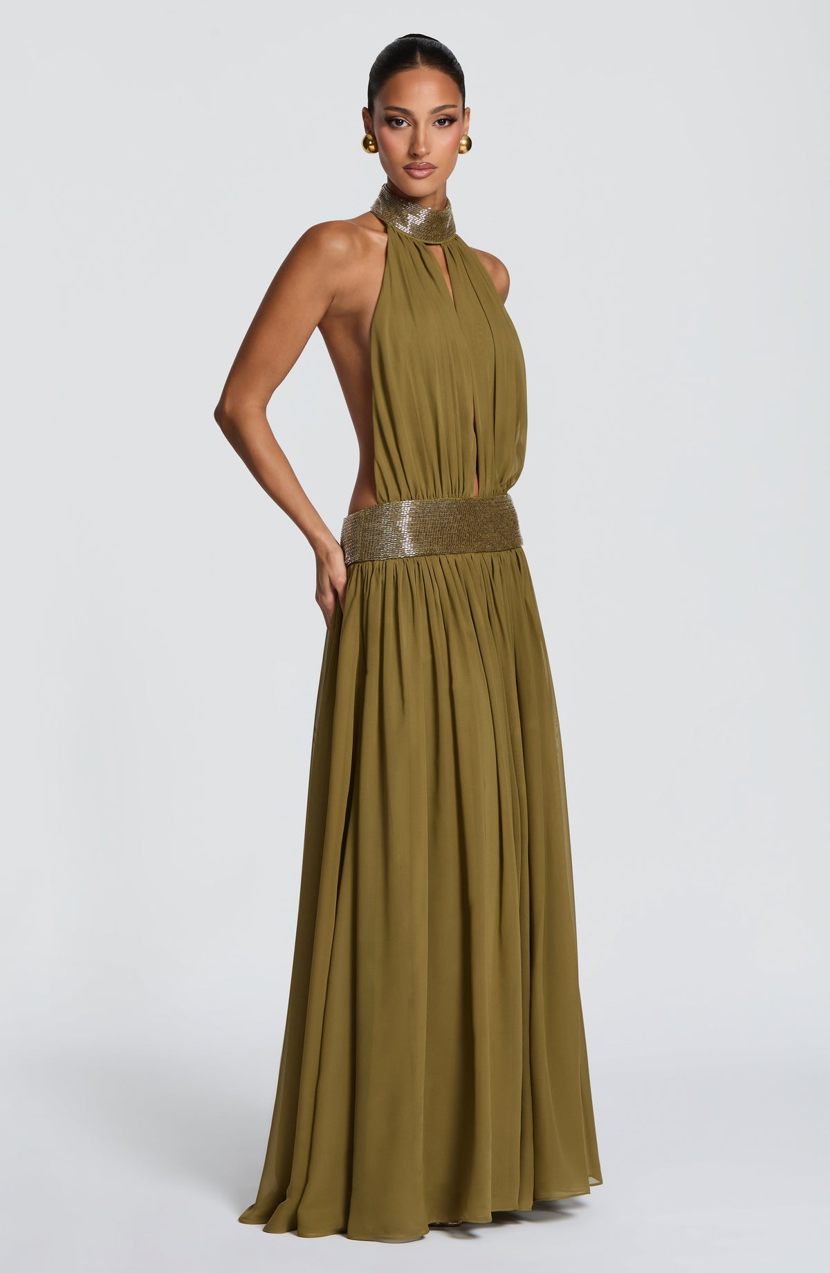 Rosalina™ - Vestido Largo de Chifón Oliva