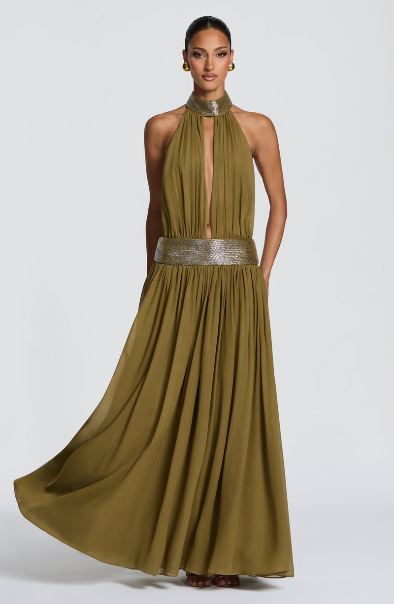 Rosalina™ - Vestido Largo de Chifón Oliva