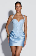 Nuria™ - Vestido Corto con Pedrería Azul Glaciar