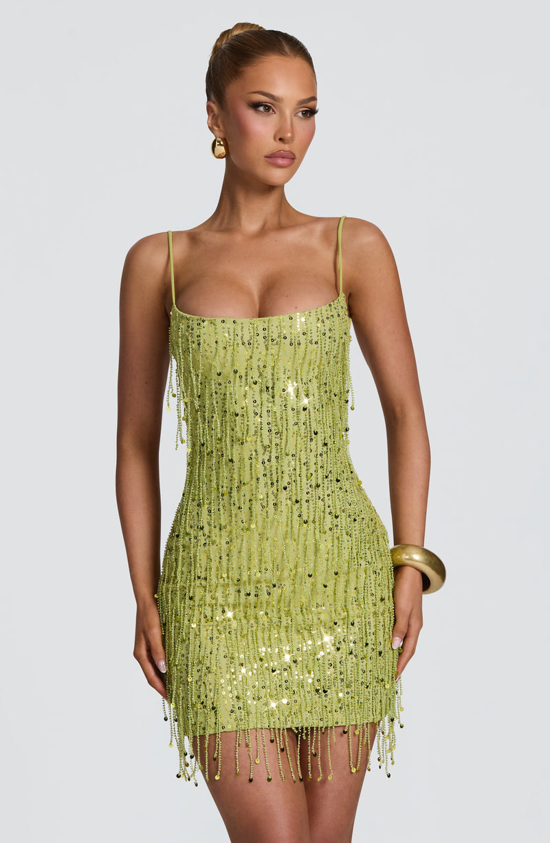 Blanca™ - Vestido Corto de Flecos Oliva