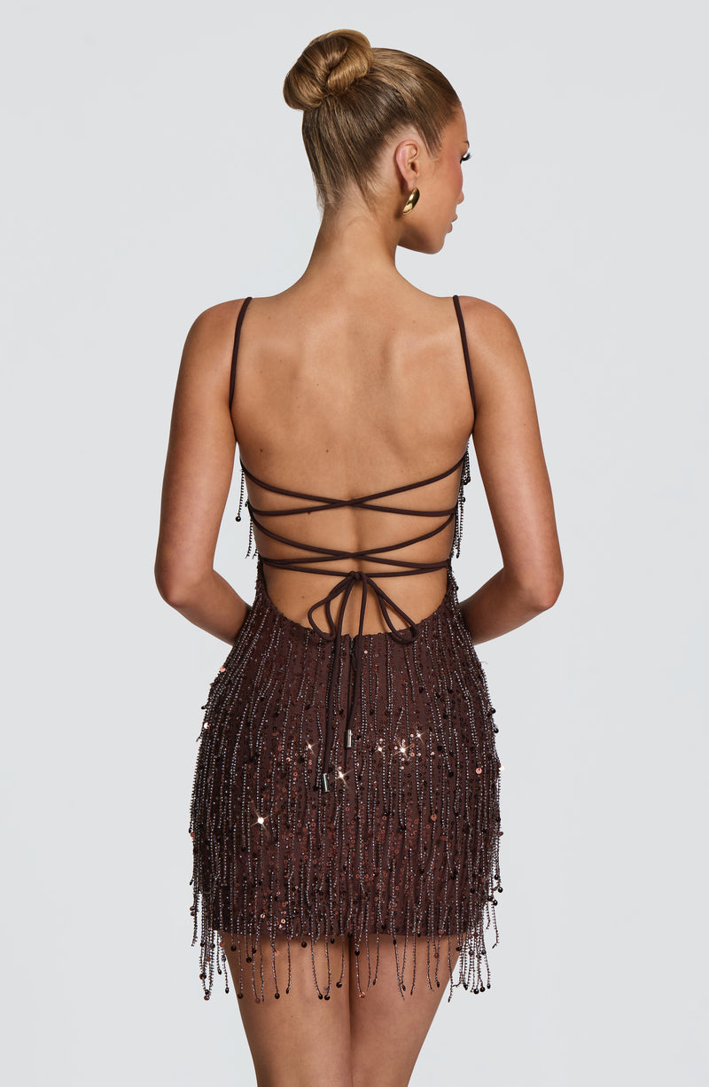 Blanca™ - Vestido Corto de Flecos Ciruela