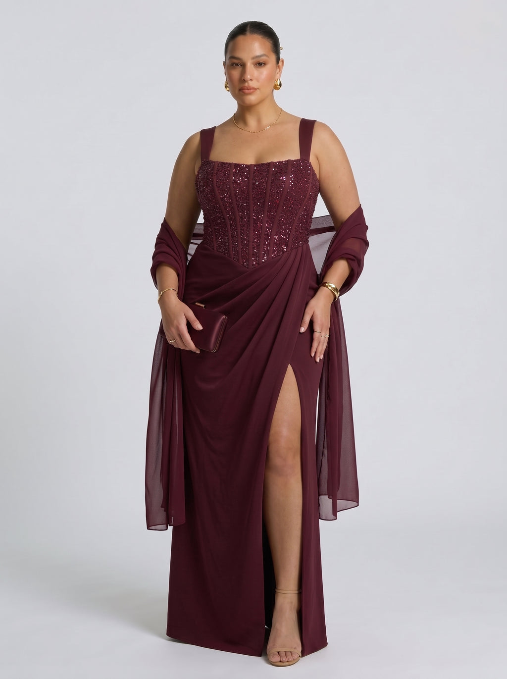 Nai™ - Vestido Largo con Corsé y Faja Compresiva Burdeos