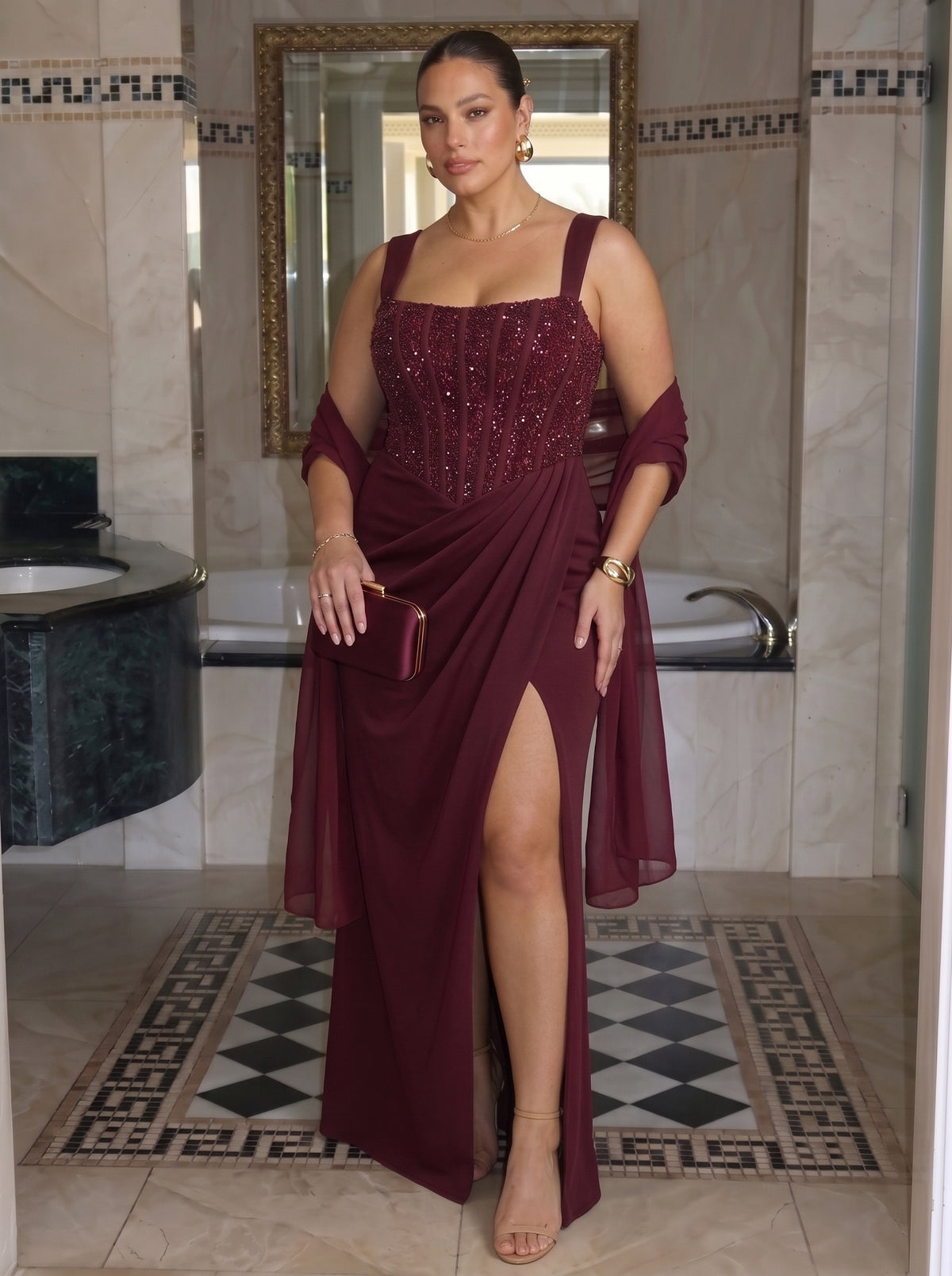 Nai™ - Vestido Largo con Corsé y Faja Compresiva Burdeos