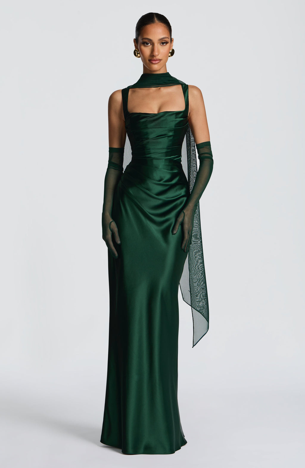 Carlota™ - Vestido Largo de Satén Esmeralda