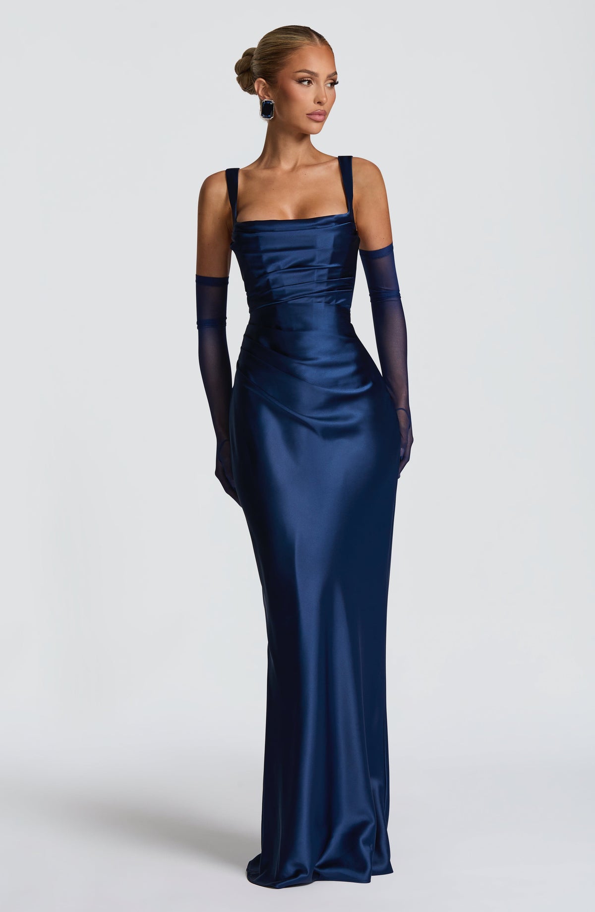 Carlota™ - Vestido Largo de Satén Azul Marino