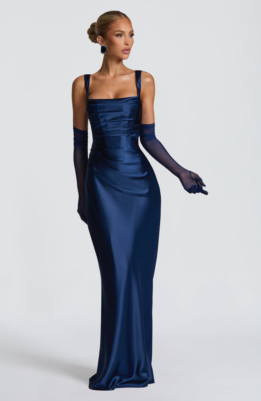Carlota™ - Vestido Largo de Satén Azul Marino