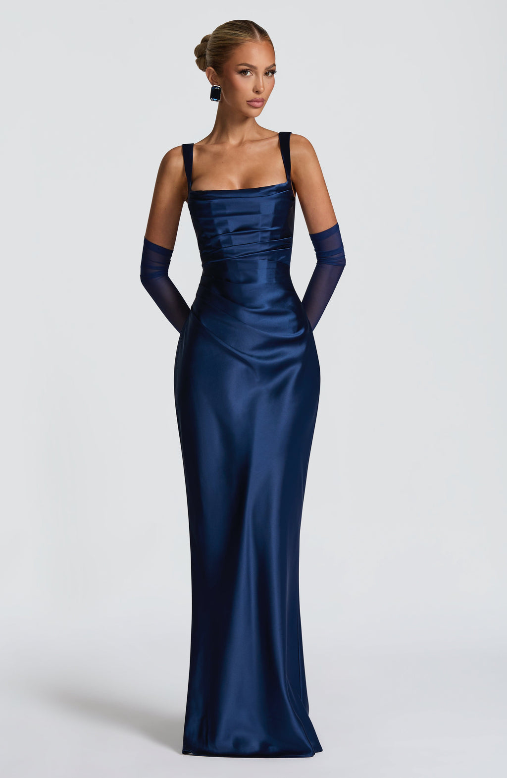 Carlota™ - Vestido Largo de Satén Azul Marino