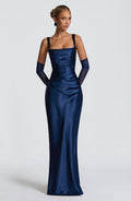 Carlota™ - Vestido Largo de Satén Azul Marino