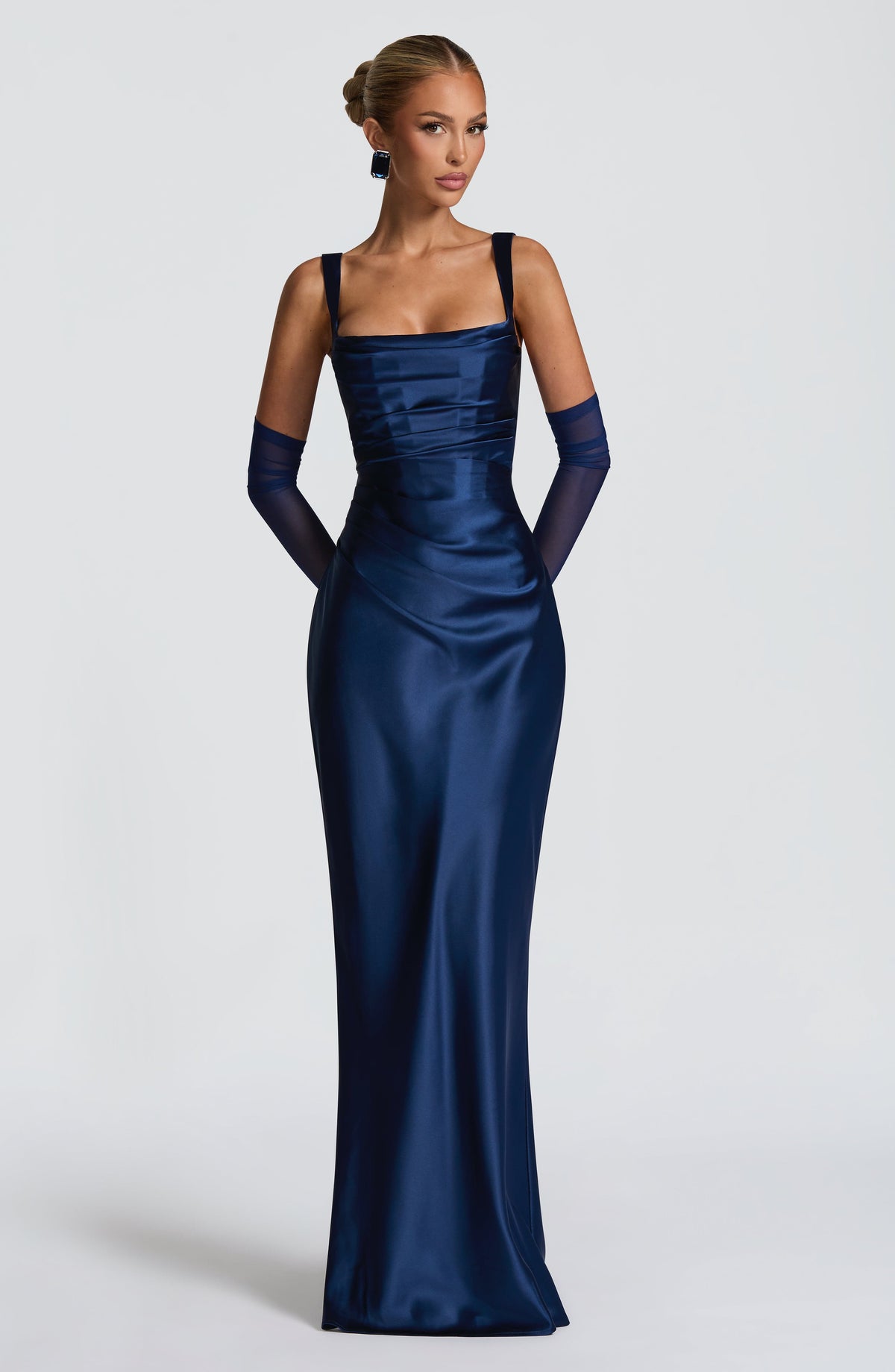 Carlota™ - Vestido Largo de Satén Azul Marino