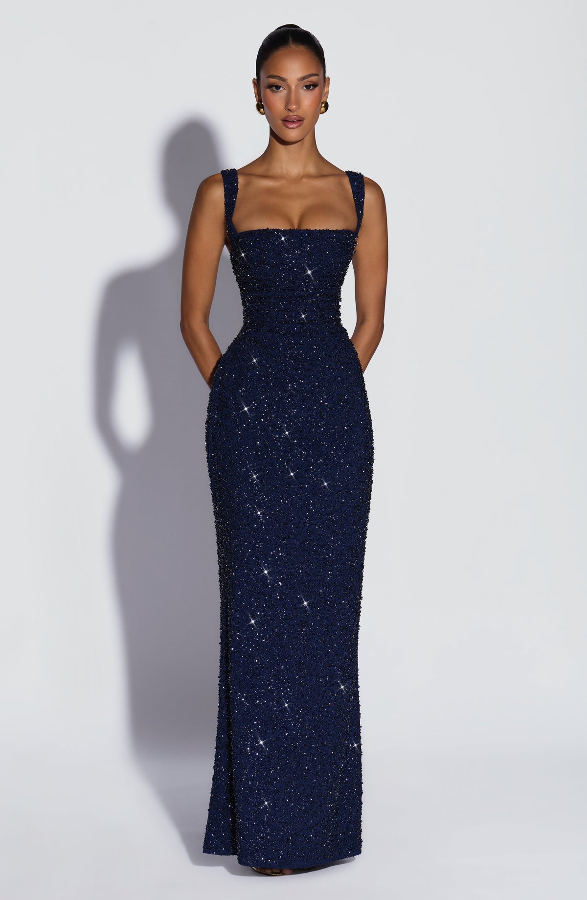 Carlota™ - Vestido Largo Bordado Azul Marino