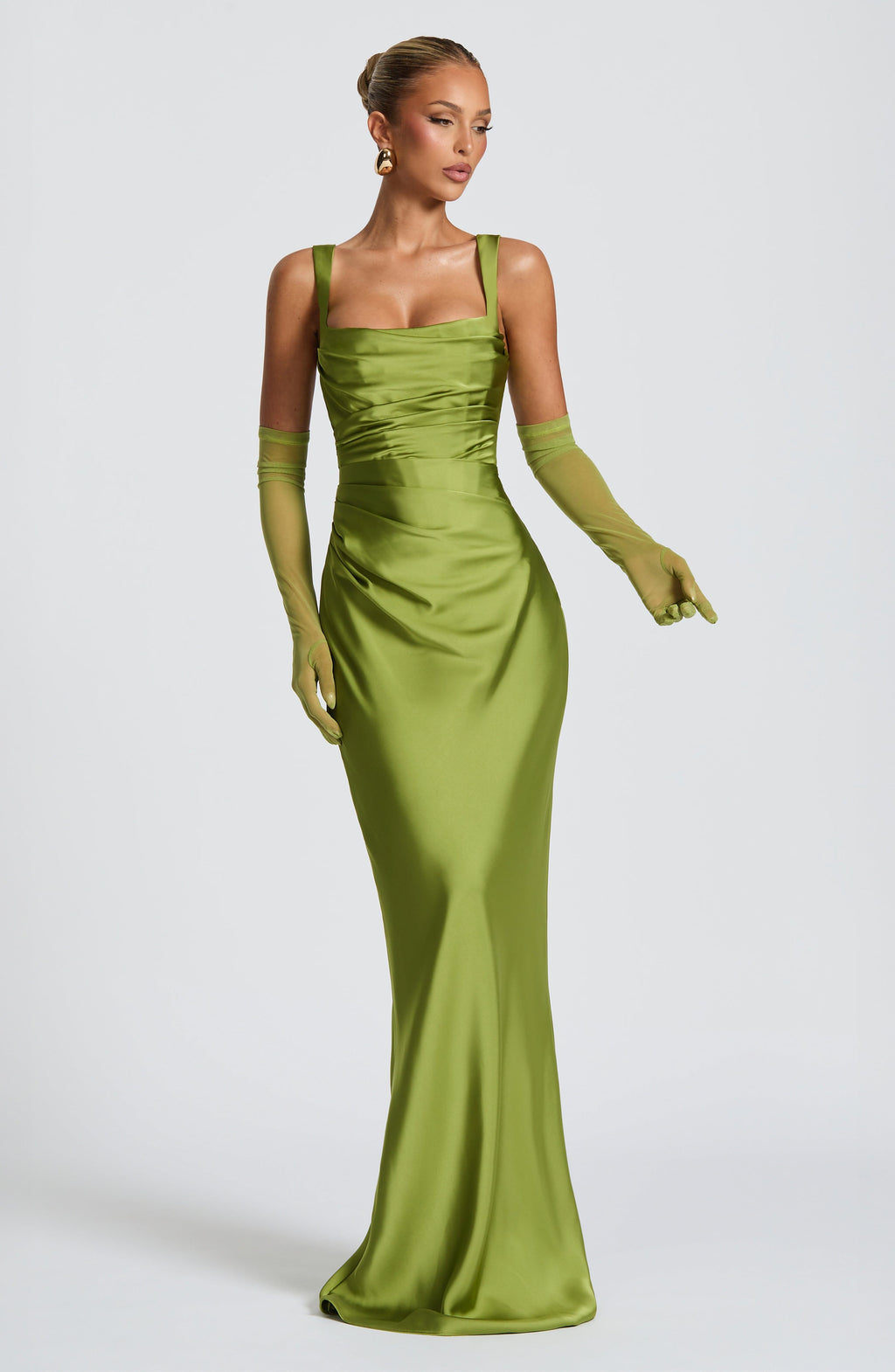 Carlota™ - Vestido Largo de Satén Oliva