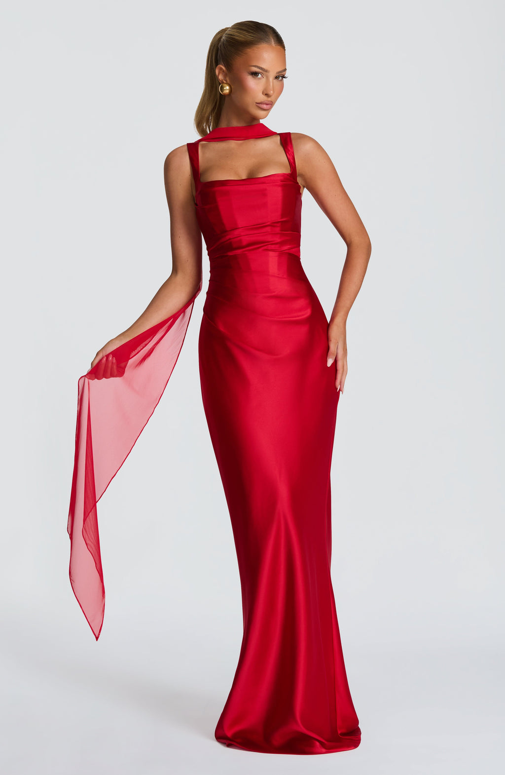 Carlota™ - Vestido Largo de Satén Rojo
