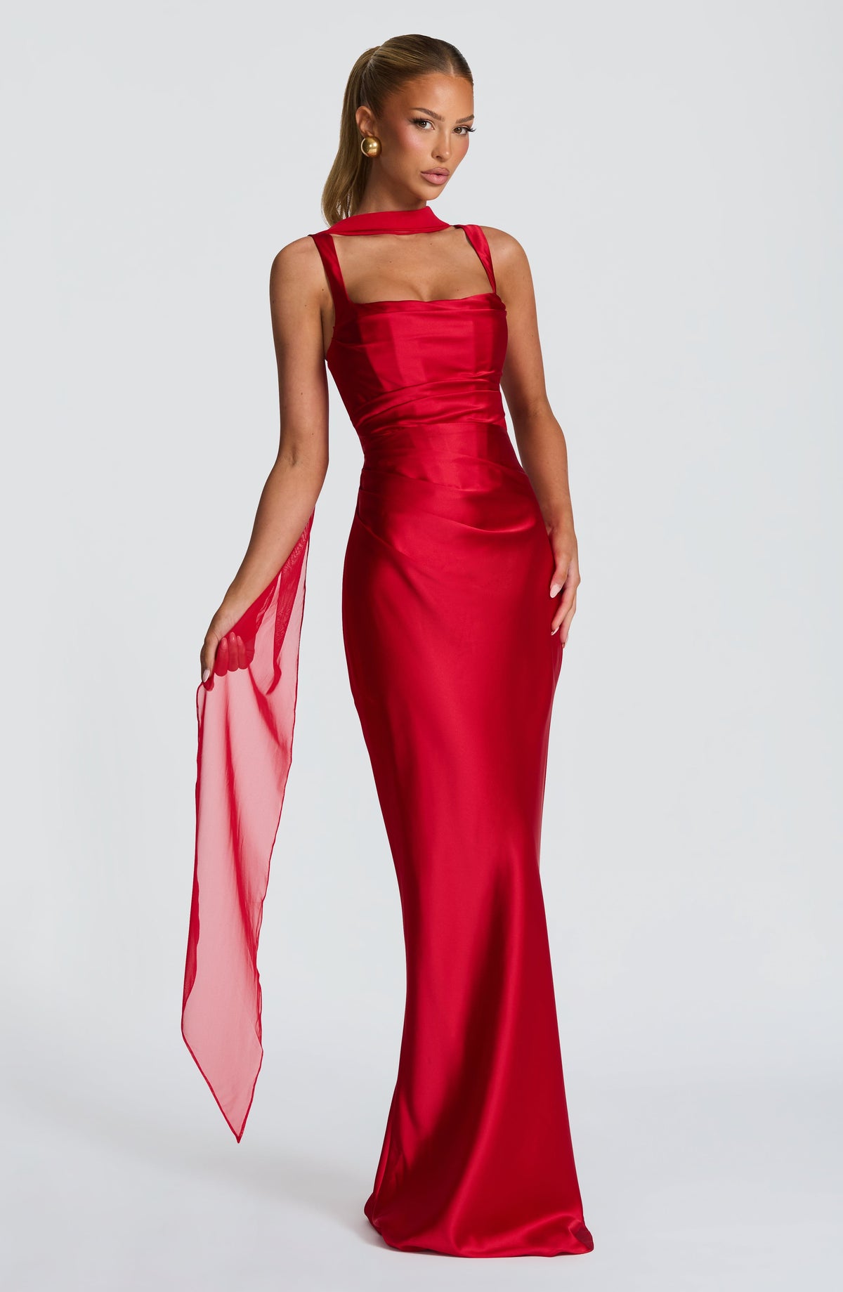 Carlota™ - Vestido Largo de Satén Rojo