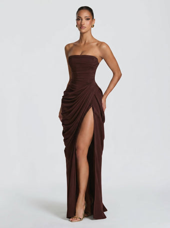 Cyra™ - Vestido Largo de Chifón Marrón Ciruela