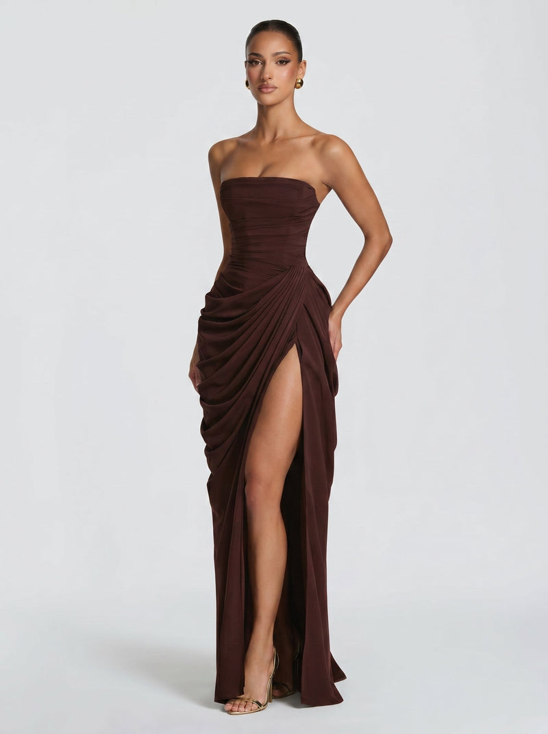 Cyra™ - Vestido Largo de Chifón Marrón Ciruela