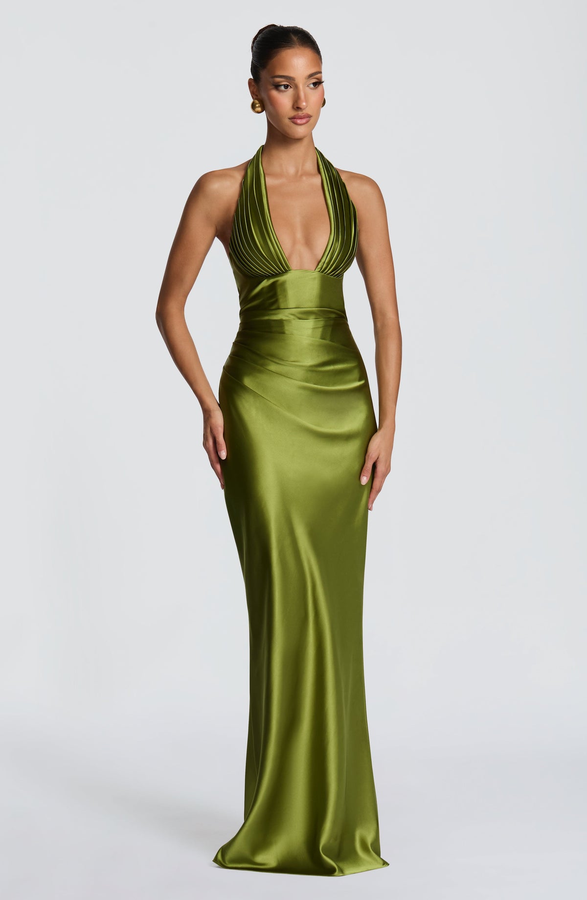 Elena™ - Vestido Largo de Satén Oliva