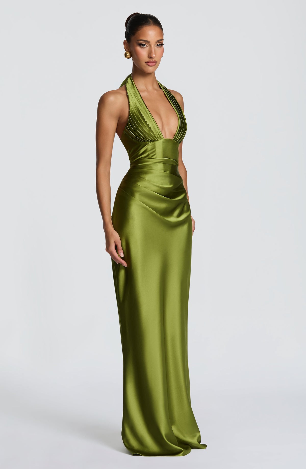 Elena™ - Vestido Largo de Satén Oliva