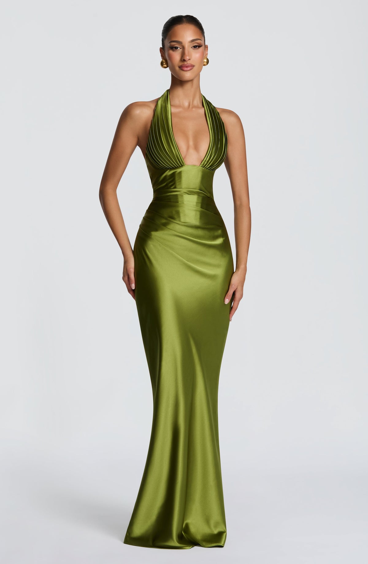 Elena™ - Vestido Largo de Satén Oliva