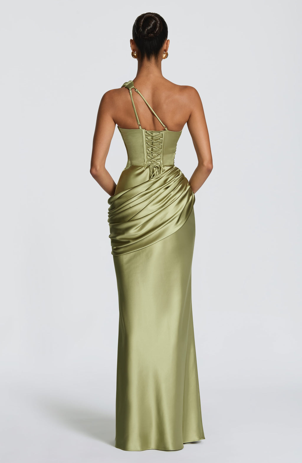Elvira™ - Vestido Largo Asimétrico Oliva Claro