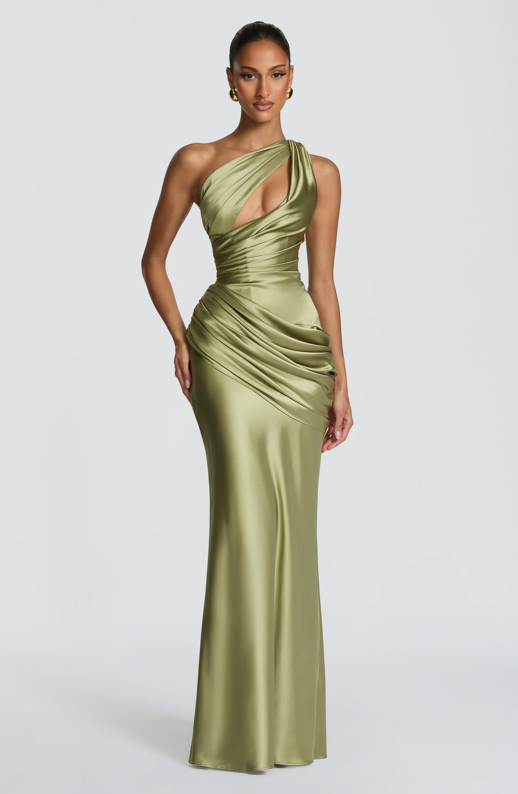Elvira™ - Vestido Largo Asimétrico Oliva Claro