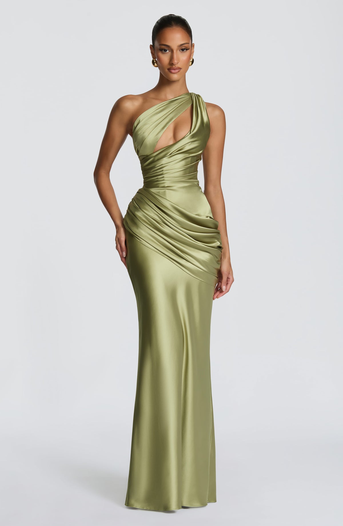 Elvira™ - Vestido Largo Asimétrico Oliva Claro