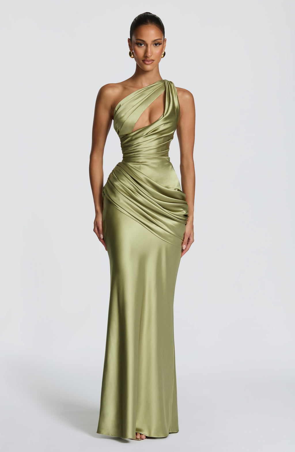 Elvira™ - Vestido Largo Asimétrico Oliva Claro