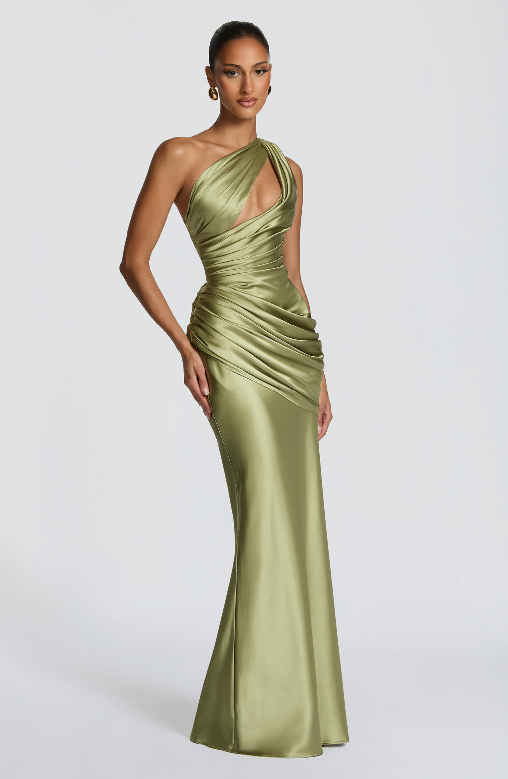 Elvira™ - Vestido Largo Asimétrico Oliva Claro