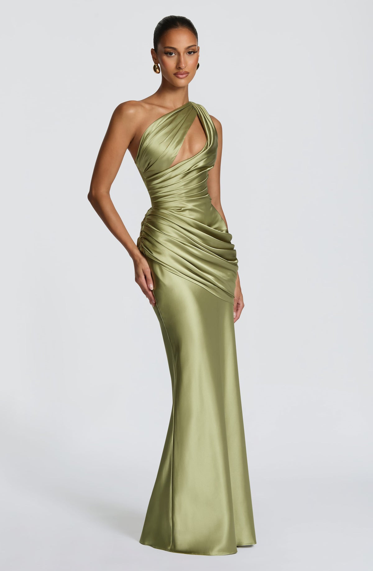 Elvira™ - Vestido Largo Asimétrico Oliva Claro