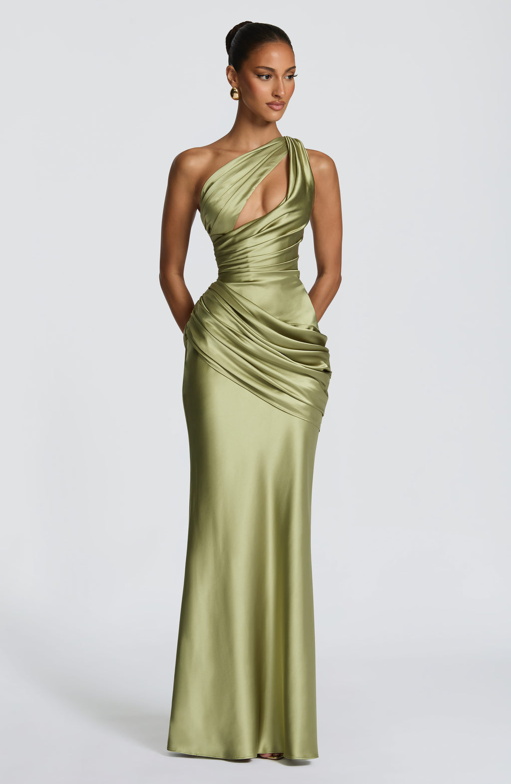 Elvira™ - Vestido Largo Asimétrico Oliva Claro