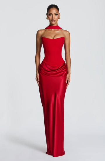 Marta™ - Vestido Largo con Sobrefalda Rojo