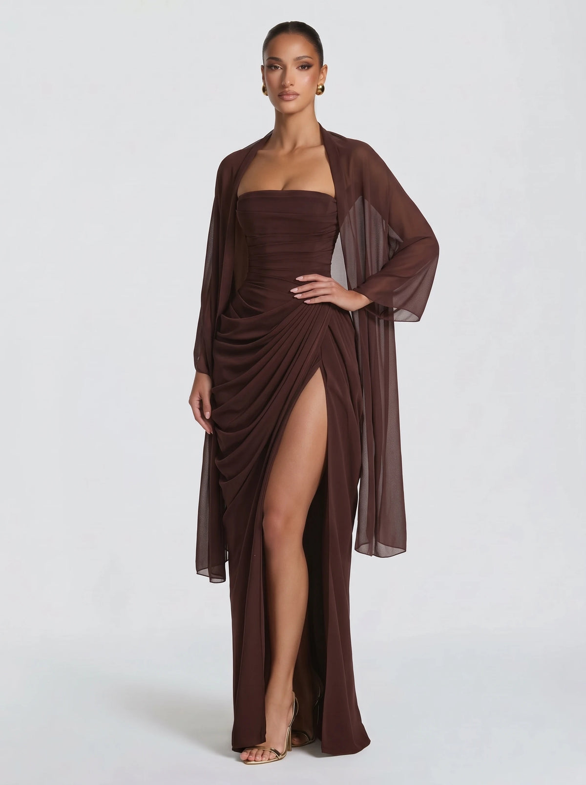 Nadia™ - Estola de Chifón marrón ciruela, cuerpo entero con el vestido a juego
