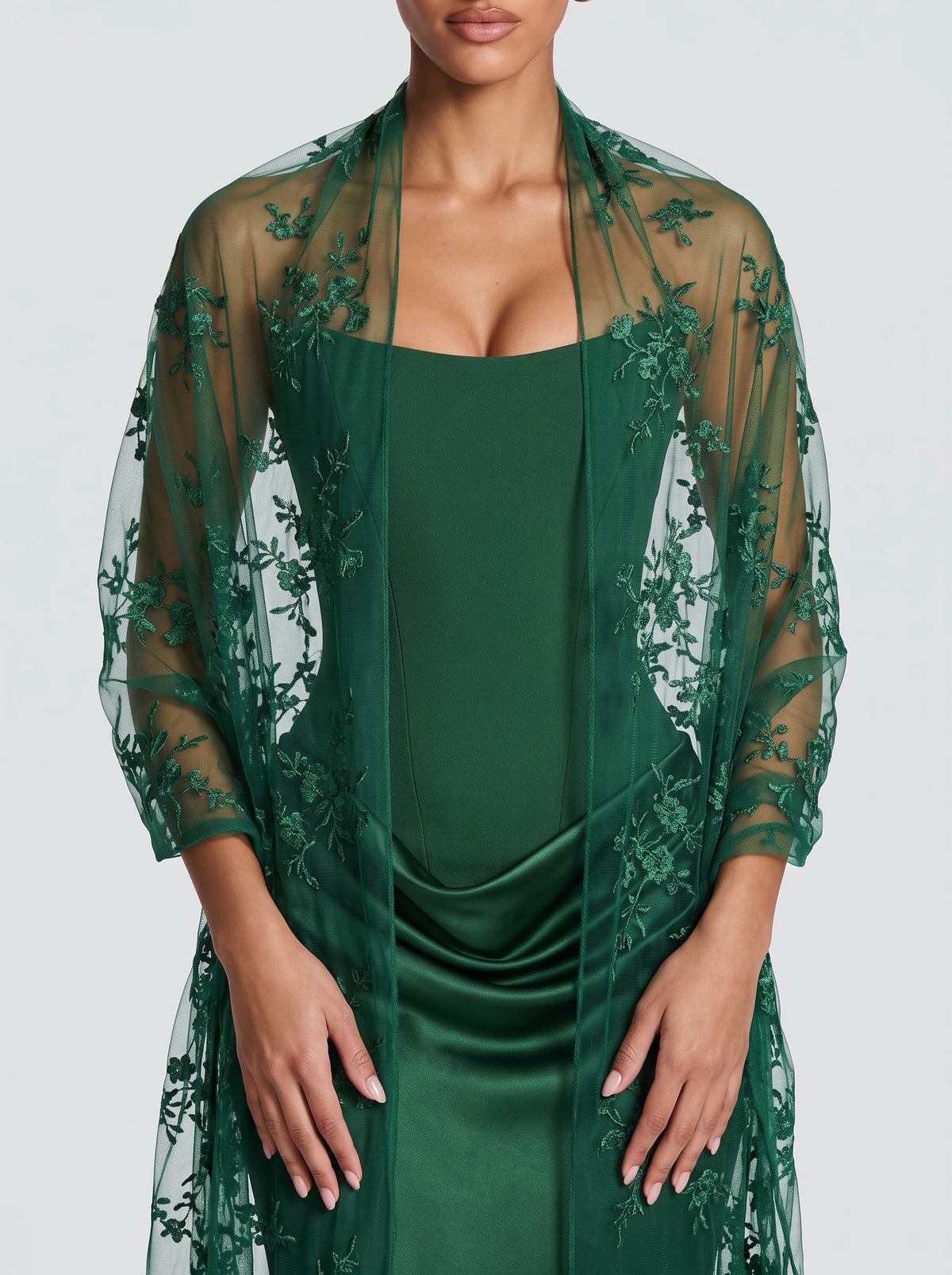 Olga™ - Estola de Tul Bordado esmeralda, primer plano