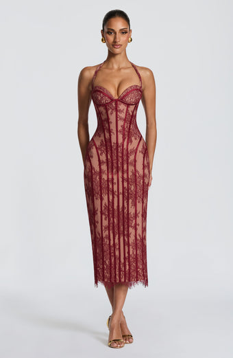 Rocío™ - Vestido Midi de Encaje Burdeos
