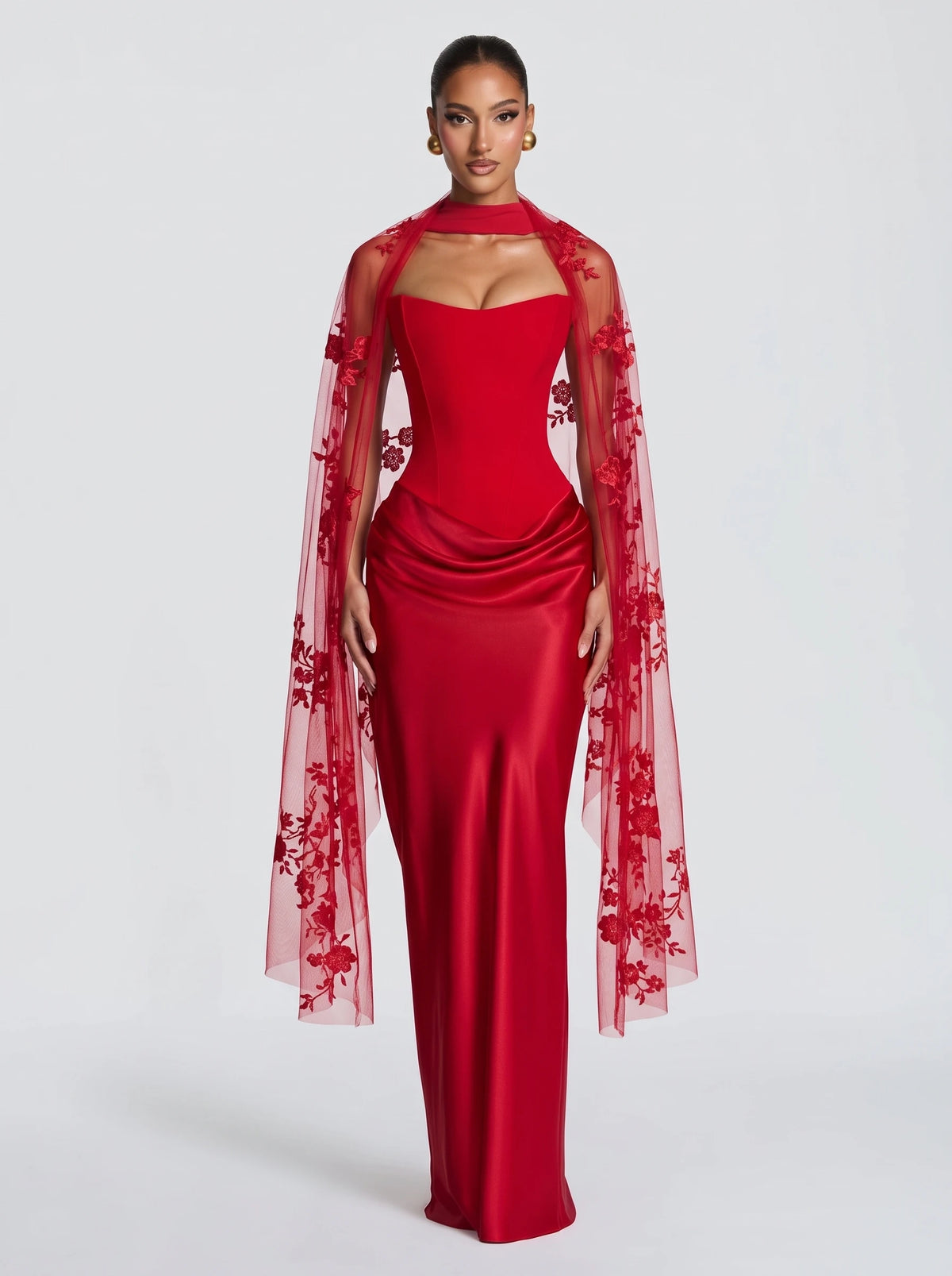 Sol™ - Estola de Tul Bordado rojo, cuerpo entero con el vestido a juego