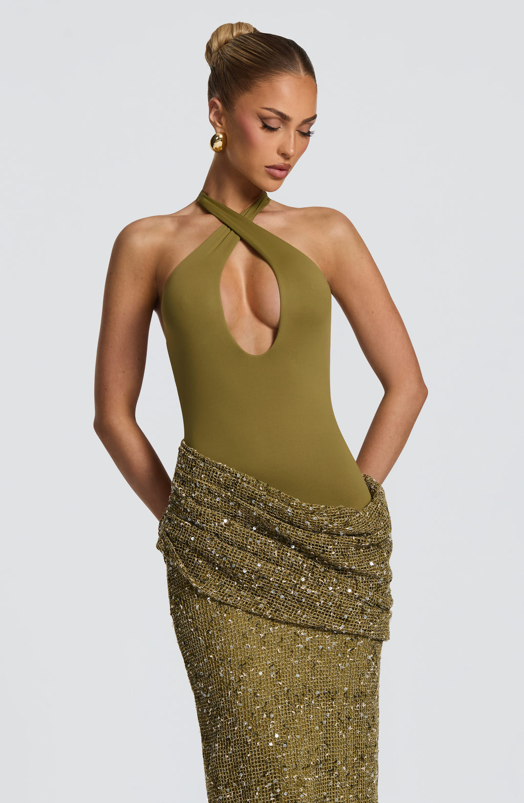 Andrea™ - Vestido Largo de Lentejuelas Oliva
