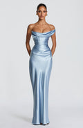 Talía™ - Vestido Largo al Bies Azul Glaciar