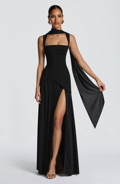 Ainara™ - Vestido Largo de Crepé y Chifón Negro