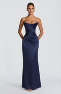 Vega™ - Vestido Largo de Satén Azul Marino